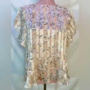 Stella & Dot Maette Pink & Cream Sparkle Silky Satin Striped Roses Blouse Size L